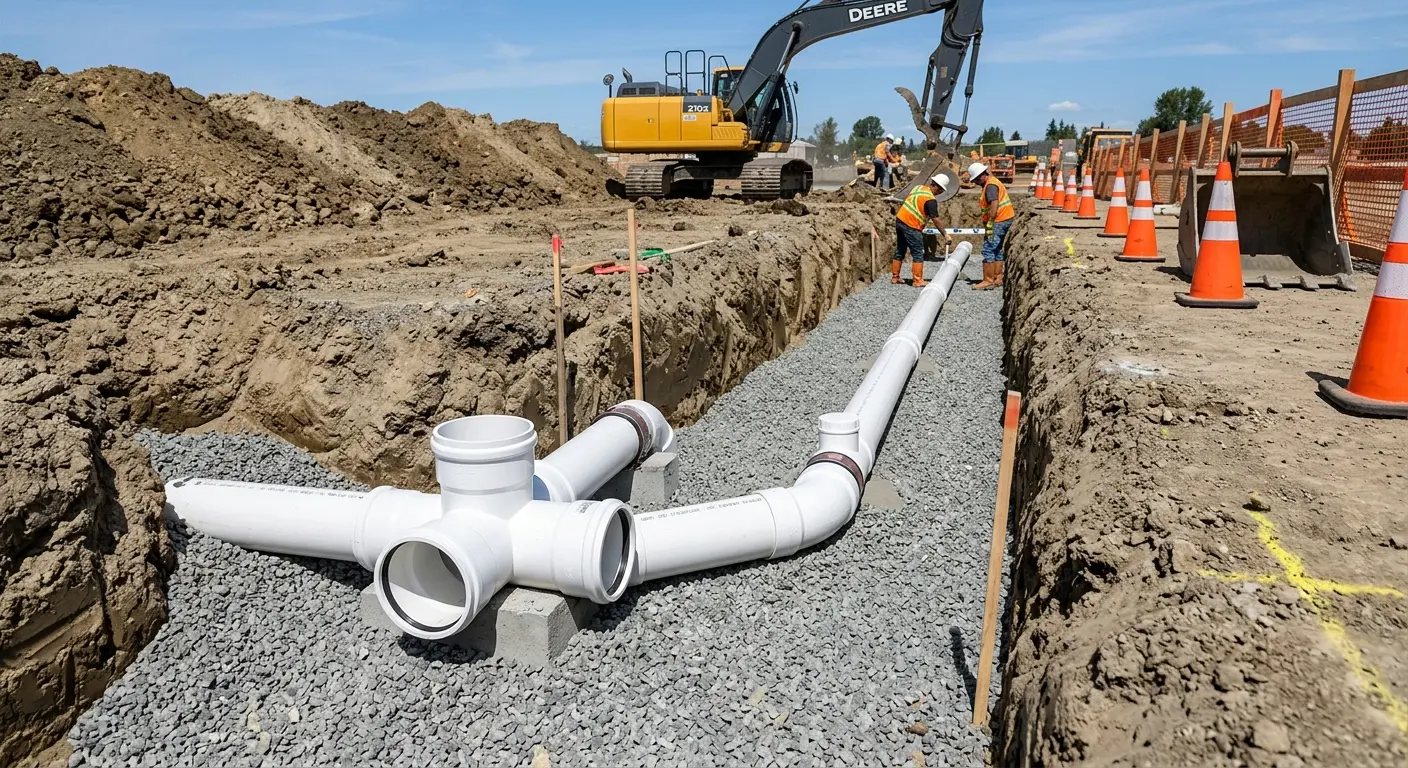 New PVC sewer pipe installation in open trench for Sewer Camera Inspection in Wollochet
