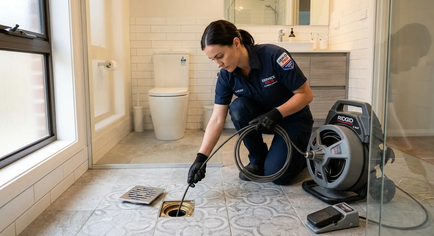 Technician clearing a bathroom floor drain for Drain Cleaning in Wollochet